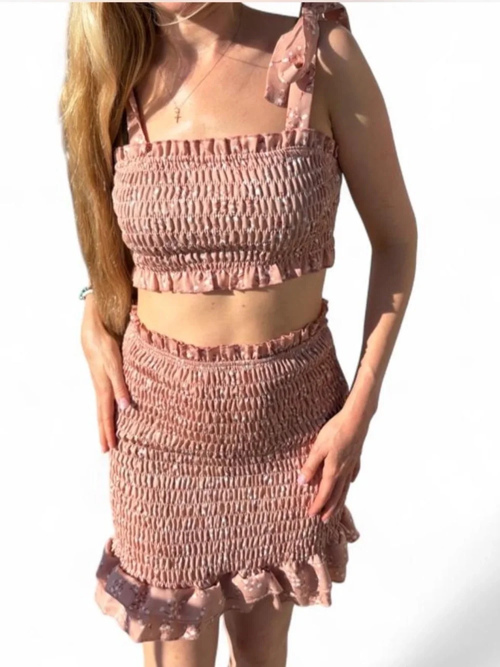 2 piece set Pastel pale Pink ruffled crop top with matching Runched skirt set S